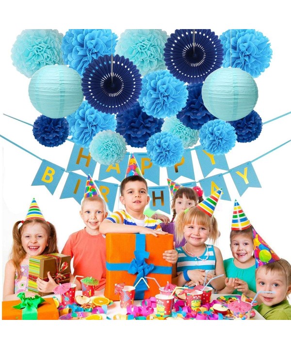 Blue Birthday Party Decorations - Happy Birthday Banner - 14 Paper Pom ...