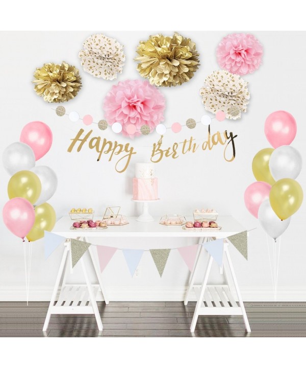 Pink Gold Birthday Decorations Pom Poms Flowers Kit Happy Birthday ...