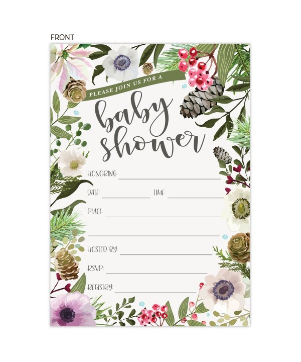 Winter Baby Shower Invitations with Rustic Winter Florals. Set of 25 ...